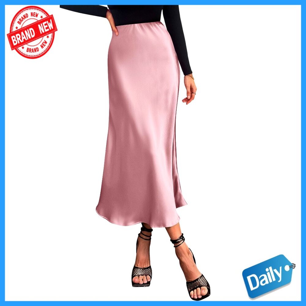 Satin Midi Skirt Elegant High Waist Flowy A-Line Cocktail Party Wedding